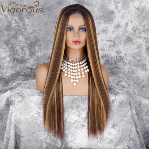 Vigorous Highlight Wig Synthetic Long Straight Wig Brown Mixed Blonde Natural Wigs For Women Middle Part Black Brown Color Wigs