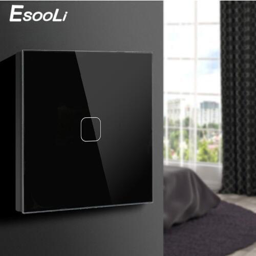 Esooli 1 Gang 1 Way Wall Touch Switch, White Crystal Glass Switch Panel, EU/UK Standard, 220-250V waterproof switch