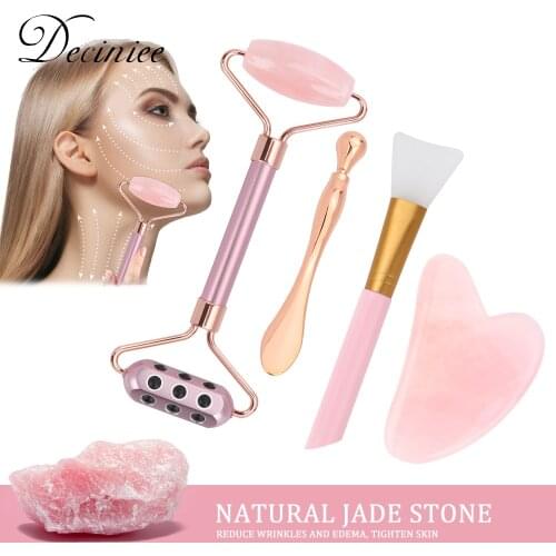Gua Sha Jade Roller Set Rose Quartz with Germanium Stone Jade Roller Skin Care Gua Sha Set Mask Brush Eye Cream Stick for Face