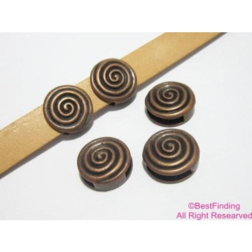 10mm Round spiral leather sliders Antique copper Flat leather findings -FF50C