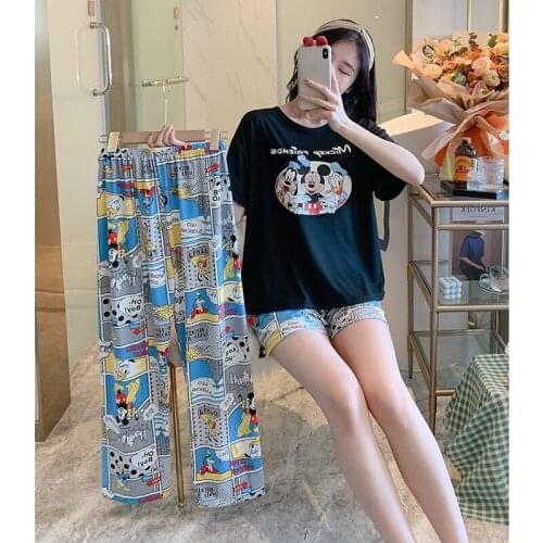 Hot sale Woman cartoon Mickey Minnie print pajamas girl summer and autumn three-piece short-length home service suit