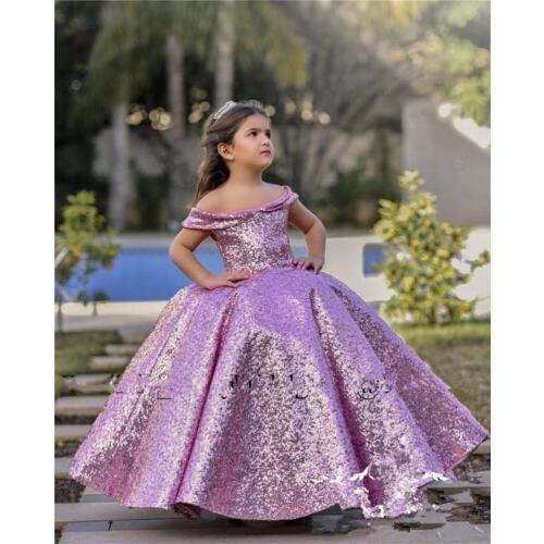 Sweet Sequin Ball Gown Girls Pageant Dresses Off Shoulder Child Birthday Party Gowns Flower Girl Dress for Weddings