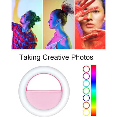 Mini Clip-on Smartphone Selfie Ring Light Pink Mini Light RGB LED Light Beauty Lamp with Battery for Smartphones Tablets Laptops