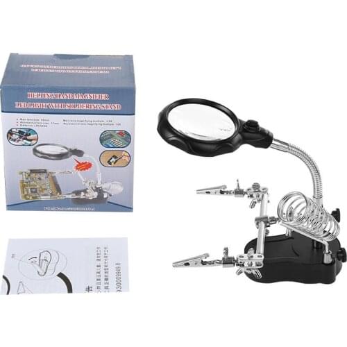 Wholesale Magnifier MG16126-A Magnifying glasses 12X 3rd Helping Hand Clip Clamp LED Soldering Iron Stand Welding Tools loupe