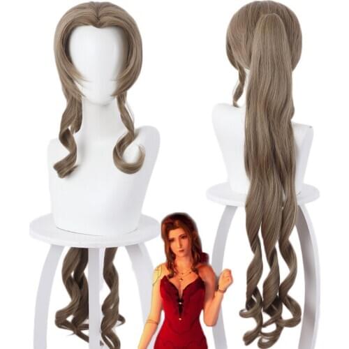 Anime Final Fantasy VII Aerith Gainsborough Women Curl Long Ponytail Wig Cosplay Costume Heat Resistant Synthetic Hair Wigs