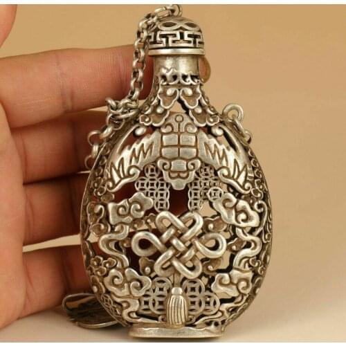 Rare Chinese Tibet-silver Copper Hand solid Carved Bat Statue Snuff Bottle