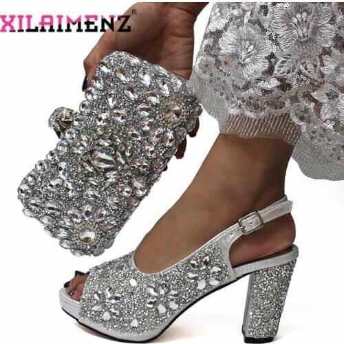 Christmas Restriction Special Design Italian Sweet Ladies Mathing Shoes and Bag Silver Set For Party Decorate with Rhiinestone