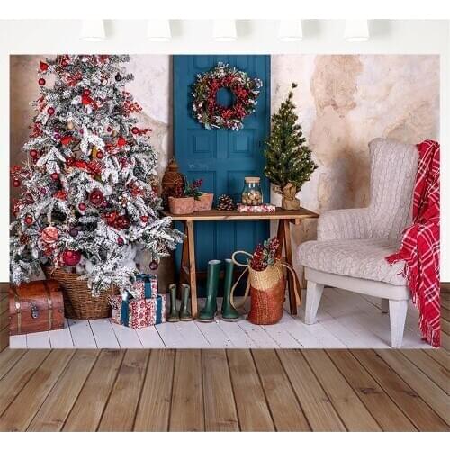 Christmas theme Backdrop Photography Wood floor House wreathv Background for Photo Studio Christmas tree Gift Chair Photocall