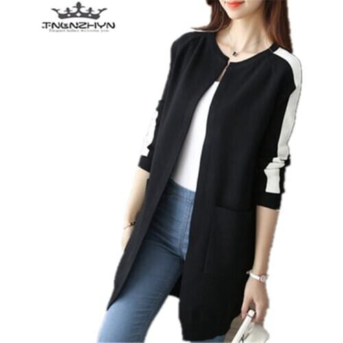 Tnlnzhyn 2019 Spring Autumn Women Knit Cardigan Medium Long Sweater Loose Casual Women Costume Baseball Knitwear Cardigan Y527