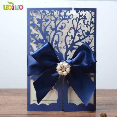 High grade royal blue die cut wedding invitation card paper fancy wedding gift 50pcs unique tree wedding invitations with bow