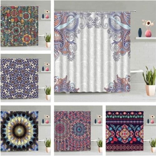 Mandala Flower Shower Curtain Geometric Bohemian Retro Plant Art Stripe Cozy Bathroom Waterproof Wall Hanging Home Decor Set