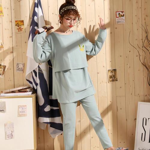 Plus size Maternity Nursing Set Pregnant Pajamas Postpartum Nightwear Premama Cotton Tops&pants Long Sleeve homewear