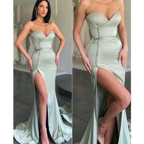 Sexy V-Neck Satin Sage Mermaid Prom Dresses Corset Back Side Slit Robe De Soiree Sweep Train Formal Party Gown