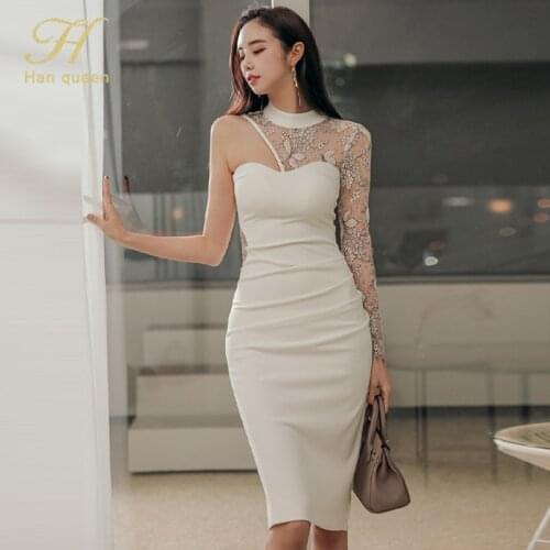 H Han Queen Summer Dresses Sexy Lace Stitching White Women Pencil Sheath Bodycon Dress Office Lady OL Party Vestidos