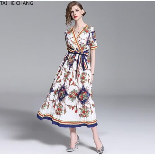 Women Dress Summer Spring Elegant Bodycon Vintage Party Runway Casual Print Short Sleeve Midi Pleated Office Work Dresses