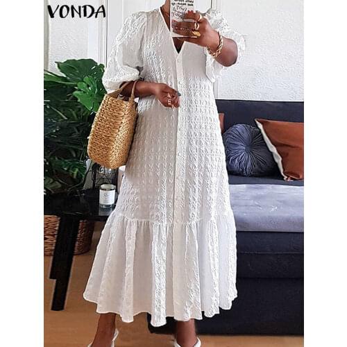 Women Half Sleeve V Neck Button Down Shirt Dress VONDA 2021 Summer Holiday Party Pleated Long Dresses Bohemian Vestido