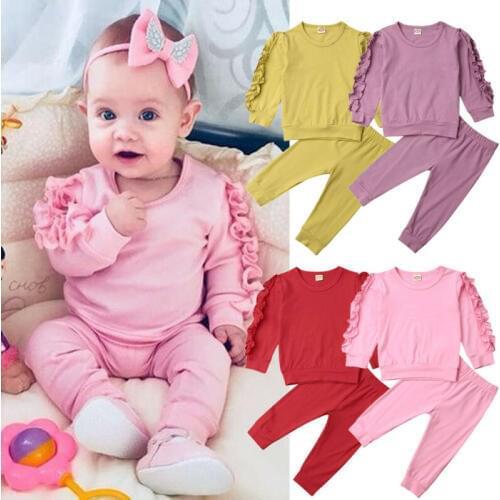0-3Y Toddler Baby Kids Girl Clothes Sets Ruffles Solid Pullover Top T-shirt Pants Leggings Outfits 3PCS Sets