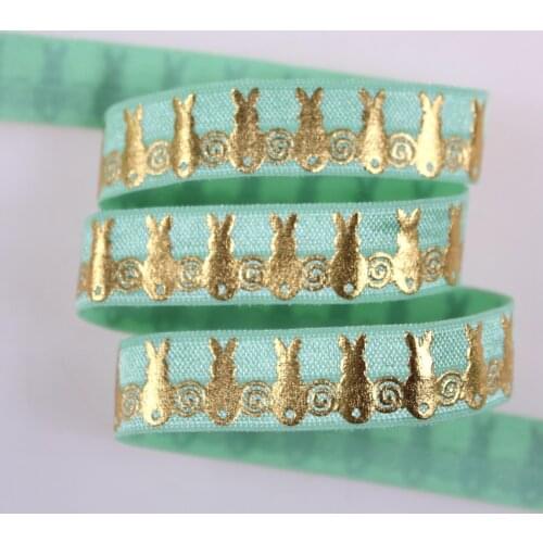 5/8" 15mm gold foil bunny printed fold over elastic #513 Pastel Green for hair tie, 100yards/lot