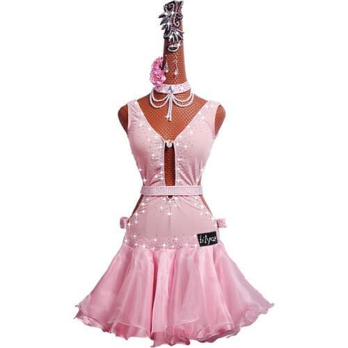 6pcs/set Latin Dance Costume Latin dance dress Competition dress Performing dress Pink pleated dress hollow out #LD0055