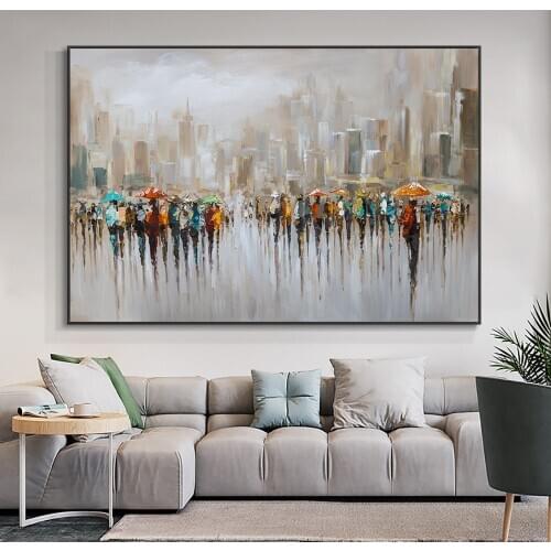 Abstract Many People Working In The Rain With Umbrellas Oil Painting 100% Handpainted On Canvas Handmade Wall Art For Home Decor