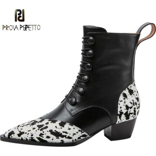 Autumn and Winter Pointed Toe Boots, Thick Heel Mid-heel Shoes, Leather Horsehair Color Matching Cross Strap Rivet Western Boots