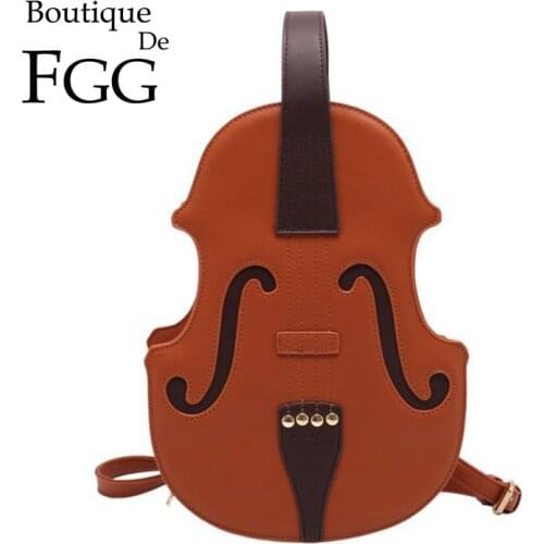 Boutique De FGG Brown Violin Shape Pu Leather Shoulder Bag for Teenage Girls School Bag Fashion Travel BackpackMultiple Using
