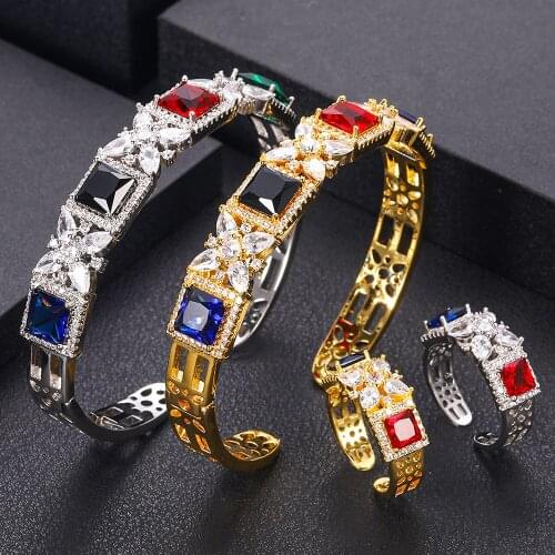 Janekelly Deluxe Full Cubic Zircon Bangle Cuff Bracelet Ring Set Geometry Saudi Arabia Wedding Bracelet Ring Jewelry Set 2019