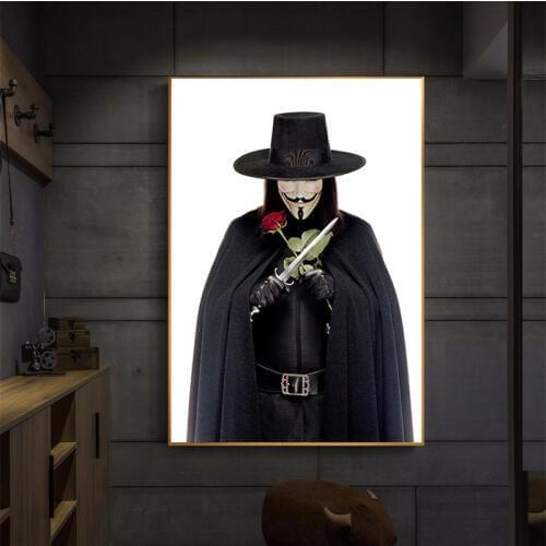 Wall Decor Vintage V for Vendetta Movie Poster Black and White Retro Canvas Painting Cafe Bar Wall Pictures for Living Room