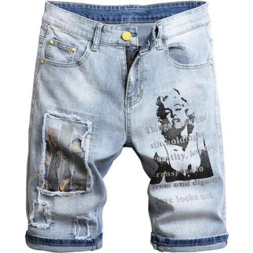 Summer New Mens Patch Denim Shorts Pattern Printing Stretch Short Jeans Fashion Personality Cotton Slim Male Brand Clothes