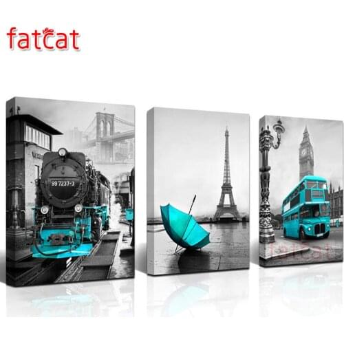 FATCAT Blue train umbrella bus diy 5d diamond painting full square round drill mosaic embroidery triptych kits decor AE2903