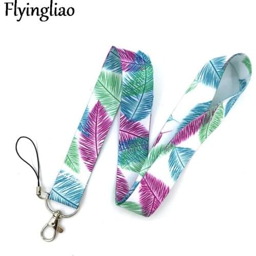 Purple Pink Blue Feathers Leaves Lanyard Key Phone Holder Funny Neck Strap With Keyring ID Card DIY Animal webbings ribbons Hang