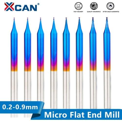 XCAN 1pc D0.2-D0.9mm Micro Flat End Mill Tungsten Carbide 2 Flutes CNC Router Bit Nano Blue Coated Micro End Milling Cutter