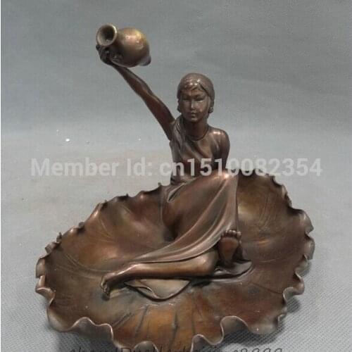 Chinese Pure Bronze Art Belle Up Pot Vase Statue Set Leaf Brush Washer Ashtray