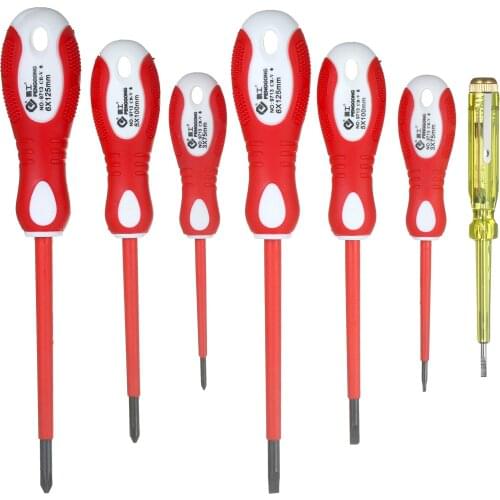 PENGGONG Insulated Screwdriver Set 7PCS Philips and Flat Head Magnetic Screwdriver Kit with Voltage Tester Type 9712