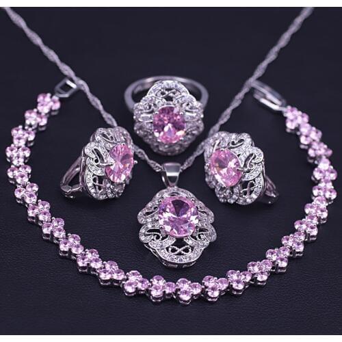 Princess Pink Silver Color Costume Jewelry Set For Women Romantic Rome Bracelet Necklace Ring Earrings Bridal Jewelry