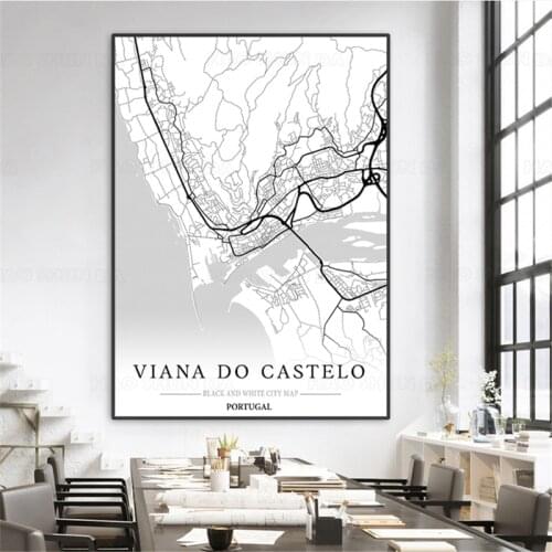 World City Map Portugal Viana Do Castelo Wall Art Black And White Posters Prints Canvas Painting Picture For Living Room Decor
