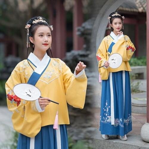 New Classical Dance Performance Dress For Women Chinese Style Traditional Ancient Clothes Ming Dynasty Yellow Blue Hanfu VO411