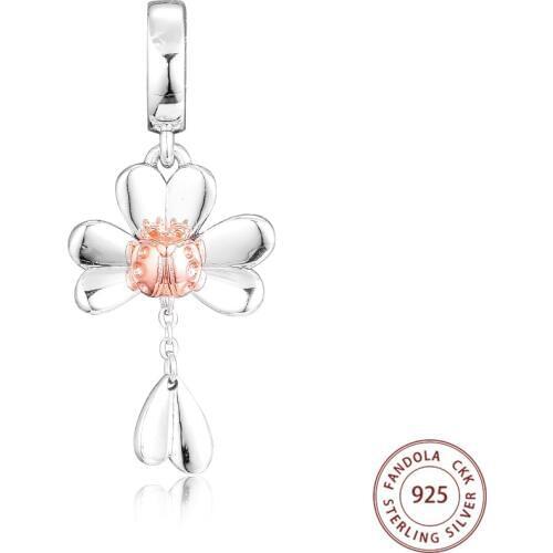 Rose Clover & Ladybird Hanging Charms 925 Sterling Silver Beads for Jewelry Making Fit Original Bracelet kralen bijoux femme