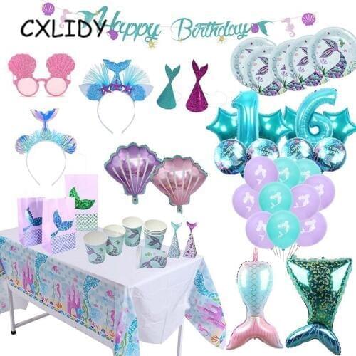 Mermaid Party Supplies Birthday Tableware Mermaid Tablecloth Happy Birthday Balloon Party Supplies Mermaid Tail Decoration