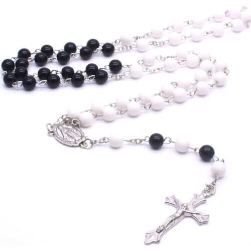 QIGO Religious Jewelry Long Black White Acrylic Beads Rosary Cross Necklace