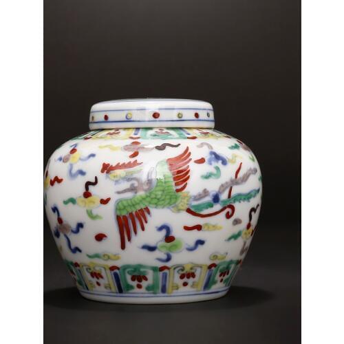 Ming chenghua hand-painted blue and white tea jar double phoenix wearing cloud pattern small tea pot antique porcelain