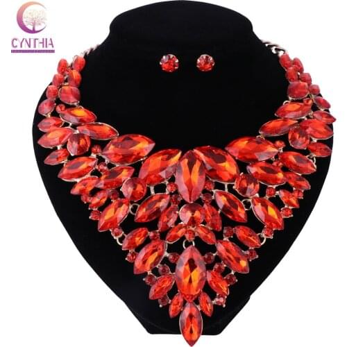 Romantic Red Crystal Bridal Jewelry Sets Rhinestone Wedding Earrings&Necklace Sets Engagement