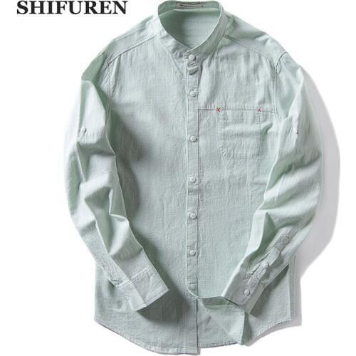 SHIFUREN Causal Men Button-Down Shirts Long Sleeve Breathable Sofe Cotton Linen Dress Shirts Loose Fit Chinese Style Male Shirts