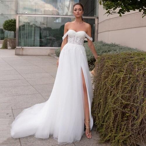 Sexy Off The Shoulder A Line Wedding Dress with Side Slit Sweetheart Appliques Sweep Train Bridal Gown Robe De Mariee