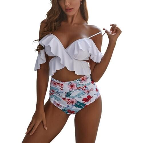 Sexy Bikini Womens Sexy Two Piece Bikini Suits Ruffles Tops and Floral High Waist Trunks Swimming Suit For Women Summer Wear