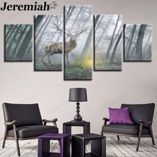 Modern foggy forest canvas poster cute elk painting HD print wall art Nordic aesthetic home living room decoration accessories