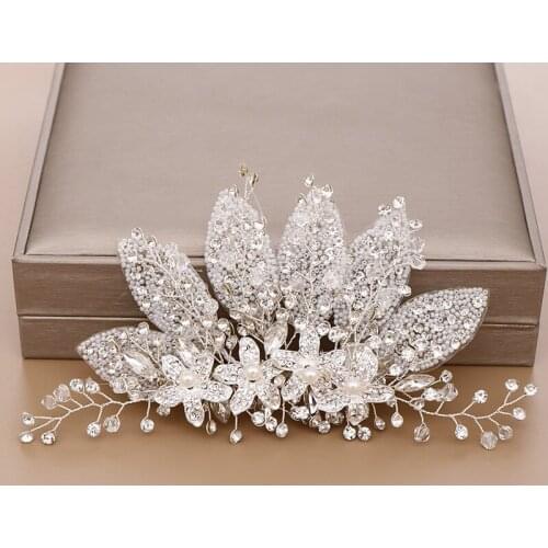 Simulated Pearl Tiara Hair Jewelry Crystal Bridal Hairgrips Clips Handmade Flower Leaves Wedding Hair Accessories Ornaments