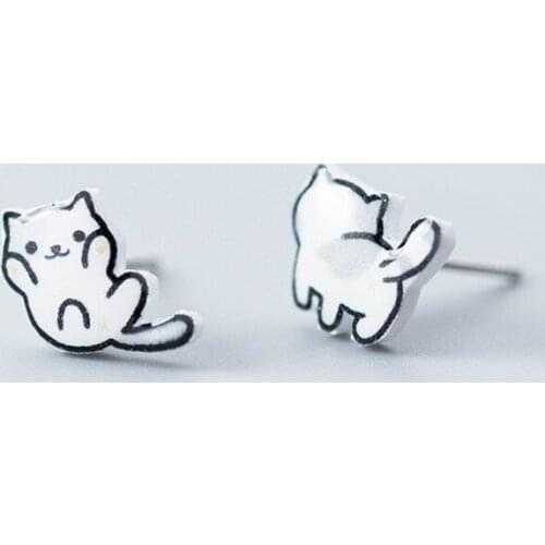 Korean Fashion Cute Cat Stud Earrings Silver Plated Lucky Animal Stud Earrings Girl Jewelry Accessories Birthday Christmas Gift