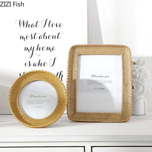 4/5/6/8 Inch Vintage Photo Frame Imitation Rattan Golden Resin Family Portrait Nightstand Wall Hanging Picture Frames Home Decor