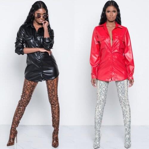 Women Fashion PU Leather Tee Shirt Dress Tops Turn Down Collar Long Sleeve Sexy Button Up Club Wear Party Dresses Blouses
